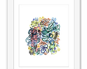 Abstract Wild Flowers  -  Print and Framed - Mixed Media Illustration Florals