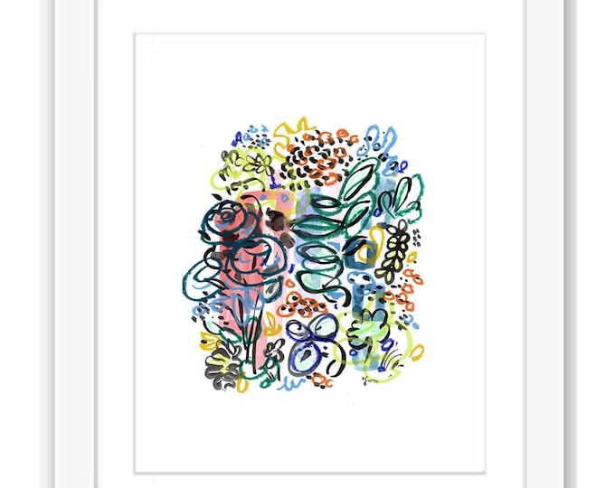 Abstract Wild Flowers  -  Print and Framed - Mixed Media Illustration Florals