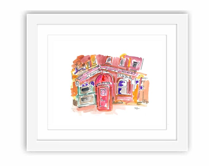 Print Smiling Pizza Park Slope Brooklyn - Watercolor New York City Urban Sketch