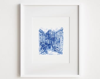 Dumbo Brooklyn Print: Blue Watercolor Bridge Illustration
