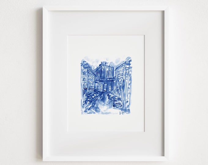 Dumbo Brooklyn Print: Blue Watercolor Bridge Illustration