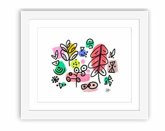 Print and Framed - Abstract Falling Leaves - Watercolor Retro Midcentury Minimal Zen Watercolor Folk Art