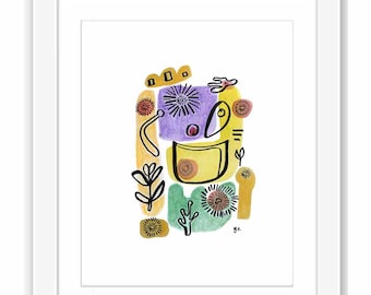 Abstract Shapes Watercolor Folk Art Painting - Watercolor Retro Midcentury Minimal Zen Watercolor Intuitive Art - Print and Framed