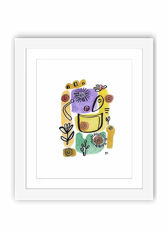 Abstract Shapes Watercolor Folk Art Painting - Watercolor Retro Midcentury Minimal Zen Watercolor Intuitive Art - Print and Framed