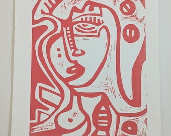 Original Woodcut Print: Abstract Face in Pink, Artist Proof