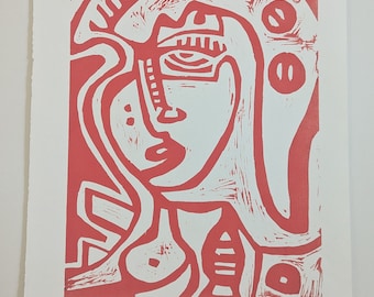 Original Woodcut - The Generated Selfie in Pink 1/2 - Printmaking Abstract Face Paper Original Art on Paper