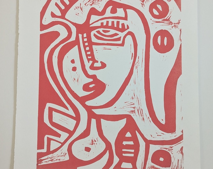 Featured listing image: Original Woodcut - The Generated Selfie in Pink 1/2 - Printmaking Abstract Face Paper Original Art on Paper