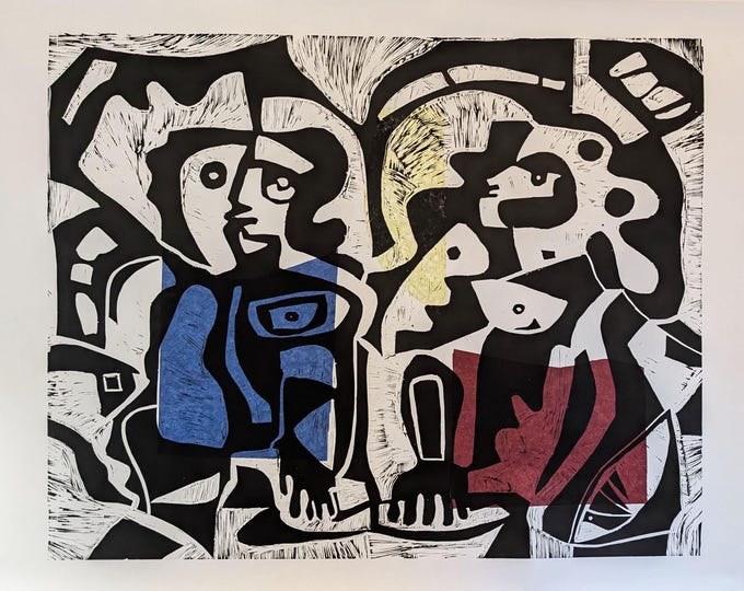 Original Large Woodcut Print: Abstract Faces Chine Collé - 2/4