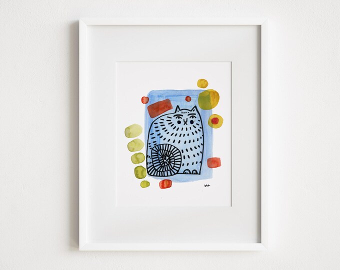 Mid-Century Inspired Folk Art Grumpy Cat - Print & Framed