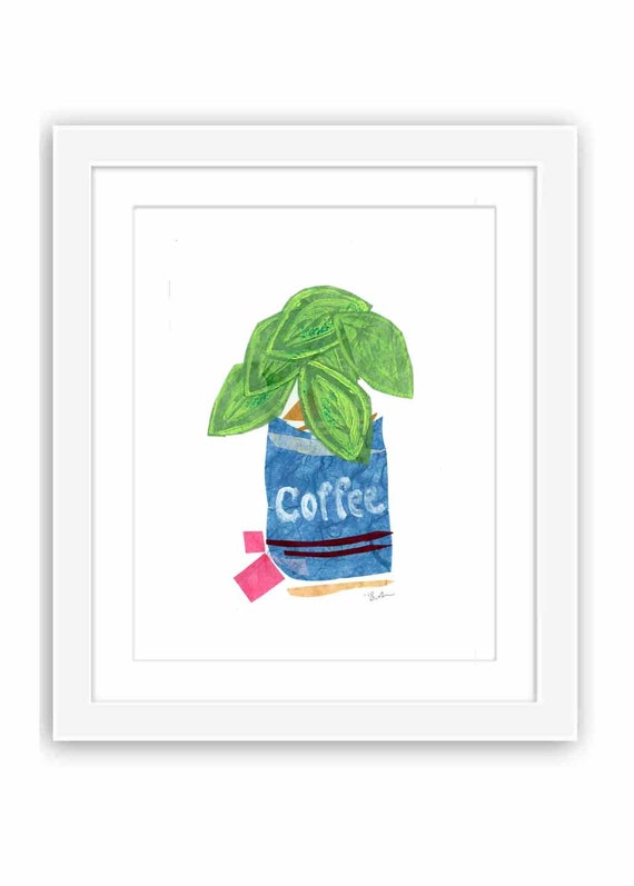 Pothos Plant in Coffee Pot - Print and Framed - Illustrative Collage Mixed Media