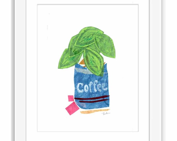 Pothos Plant in Coffee Pot - Print and Framed - Illustrative Collage Mixed Media