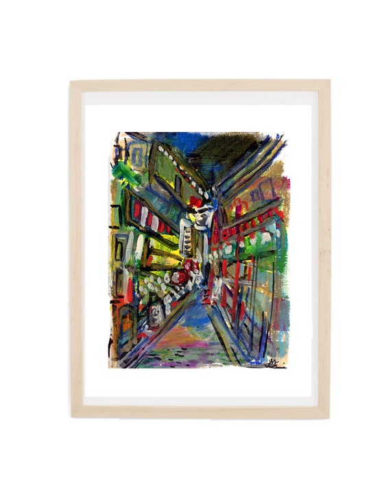 Print Tokyo Alley at Night - Abstract City Scene in Acrylic, Oil Pastels of Tokyo, Japan