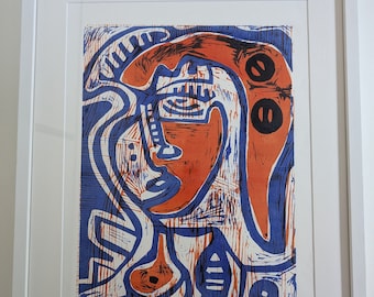 Framed Original Woodcut - The Generative Selfie in Blue 5/10  - Printmaking Abstract Face Paper Original Art on Paper