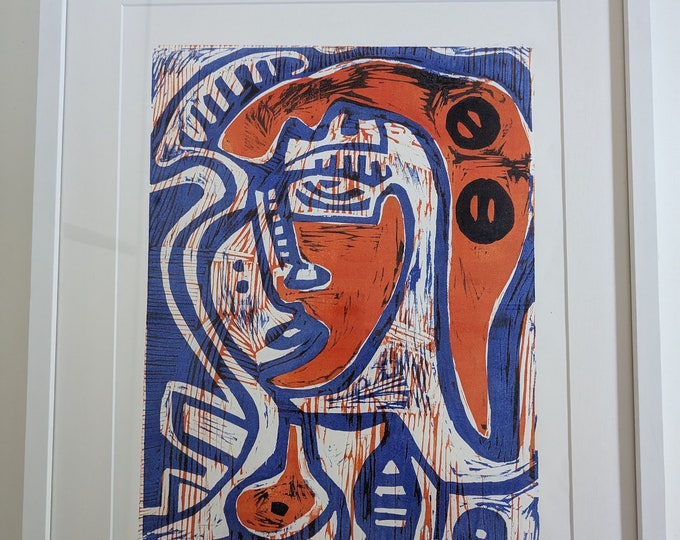 Framed Woodcut Print – Abstract Face, Blue Generative Selfie 5/10