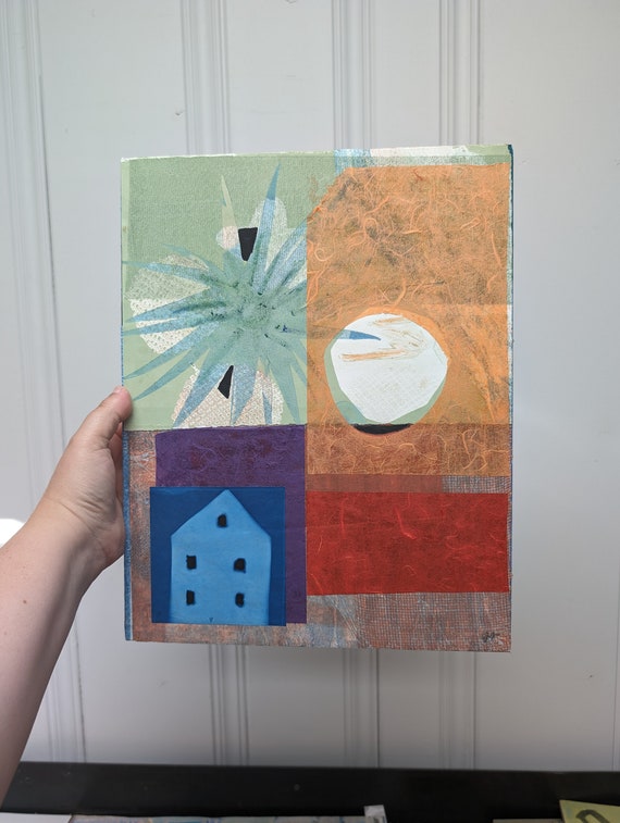 The Blue House - Original Collage of Printmaking Works on Cradled Wood Board