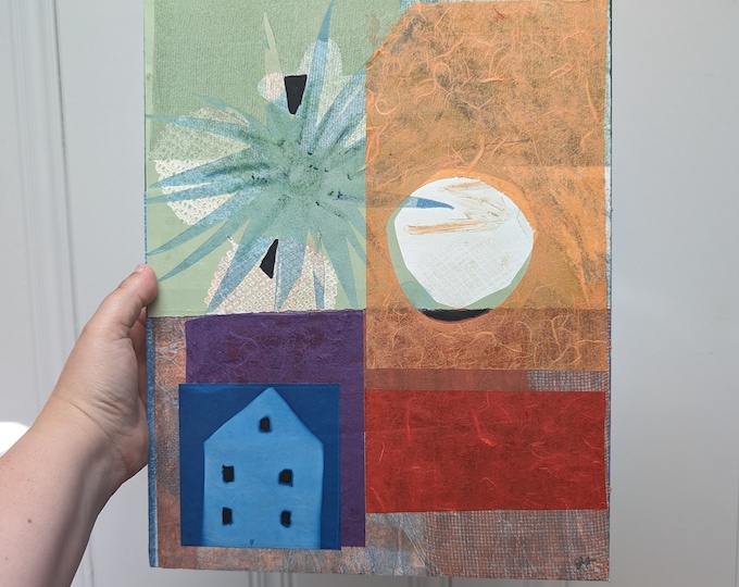 The Blue House - Original Collage of Printmaking Works on Cradled Wood Board