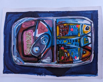 Original Work on Paper - Mixed Media Tinned Sardines - Abstract Figurative Fish Painting
