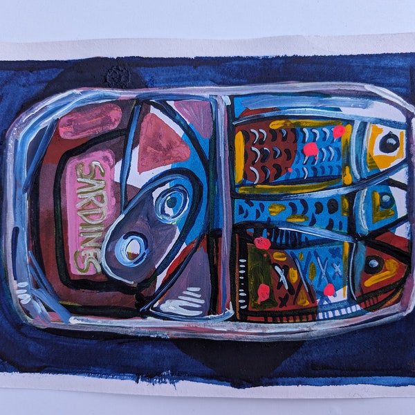 Original Work on Paper - Mixed Media Tinned Sardines - Abstract Figurative Fish Painting