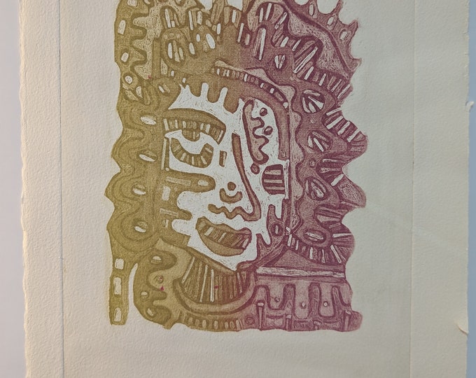 Featured listing image: Original Intaglio Aquatint Etching  - The Self in Pink & Gold - Printmaking on Paper - Abstract Illustrative Colorful Figurative Face