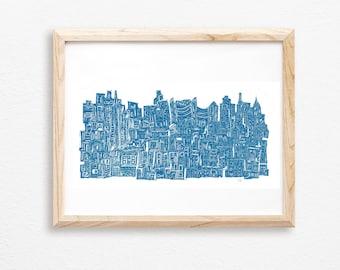 City at Night Woodcut Print: Imagined New York Skyline Poster Print