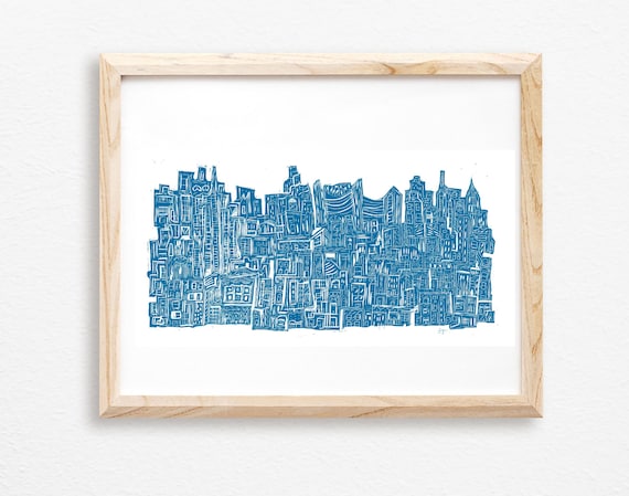 City at Night Woodcut Print: Imagined New York Skyline Poster Print