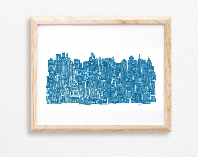 City at Night Woodcut Print: Imagined New York Skyline Poster Print