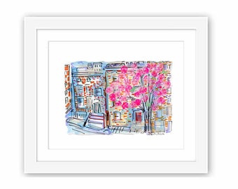 Brooklyn Magnolia Trees Cherry Blossoms - Print and Framed - New York City Painting Watercolor Ink Collage Urban Sketch