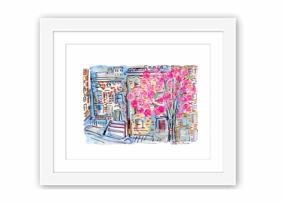 Brooklyn Magnolia Trees Cherry Blossoms - Print and Framed - New York City Painting Watercolor Ink Collage Urban Sketch