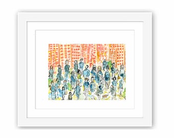 Print and Framed - Print All The People of New York City Watercolor Print Urban Sketch Painting