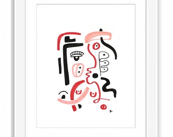 Abstract Faces and Color Black and Red Self Portrait - Print and Framed - Matisse Picasso Inspired Retro Midcentury Modernist Cubism