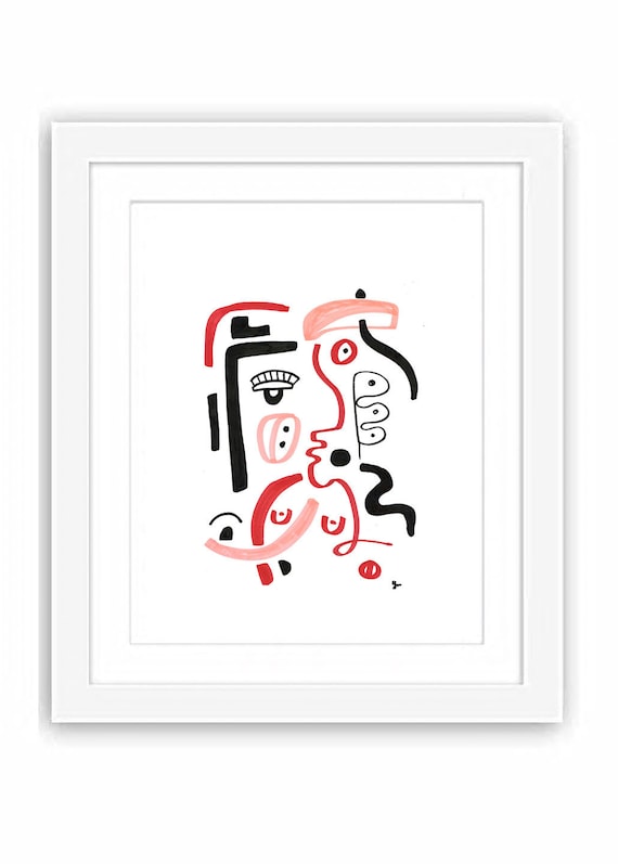 Abstract Faces and Color Black and Red Self Portrait - Print and Framed - Matisse Picasso Inspired Retro Midcentury Modernist Cubism