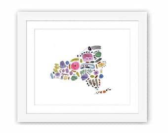 New York State Map in Abstract Shapes - Print and Framed - Abstract Illustrative American Travel