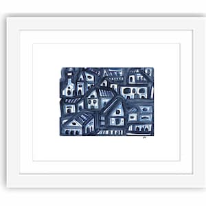 City Buildings at Night - Print and Framed -  Acrylic Painting Illustration Imagined New York City Painting