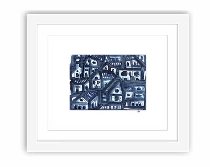 Abstract New York City Print: Buildings at Night, Acrylic Painting