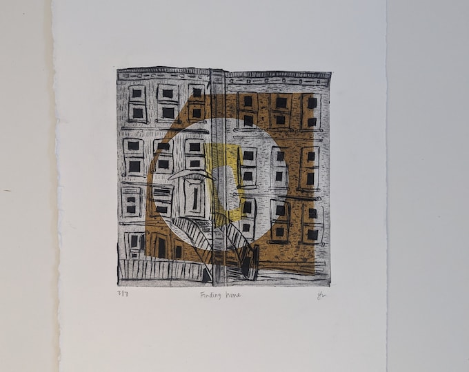 Original Intaglio Print: Abstract Cityscape, Chine Colle Art