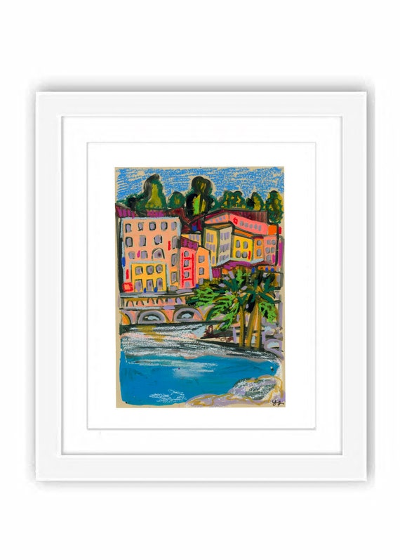 Nice France Mixed Media Painting - Print and Framed - European Travel Prints France South of France Colorful Urban Sketch Watercolor