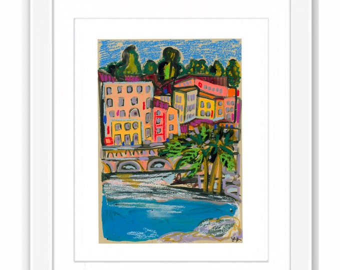 Nice France Art Print: Colorful Urban Sketch, South of France (Framed)