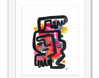 Print Abstract Midcentury Modernist Cubist Watercolor Face -Abstract Face Art Female Portrait Painting, Modern Abstract,