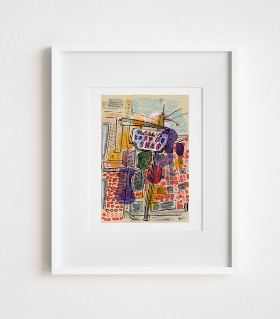 Neil's Coffee Shop Upper East Side - Print and Framed -  Manhattan Mixed Media Collage and Watercolor