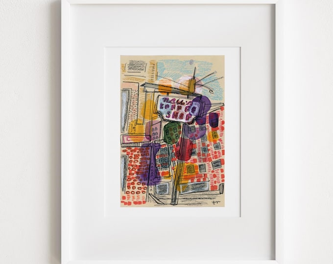 Neil's Coffee Shop Upper East Side - Print and Framed -  Manhattan Mixed Media Collage and Watercolor