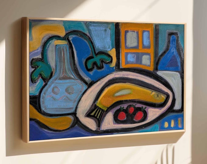 Yellow Fish Still Life: Mid-Century Modern Original Oil Painting
