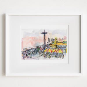 Print and Framed - Coney Island Boardwalk - Watercolor Urban Sketch New York City Painting Brooklyn