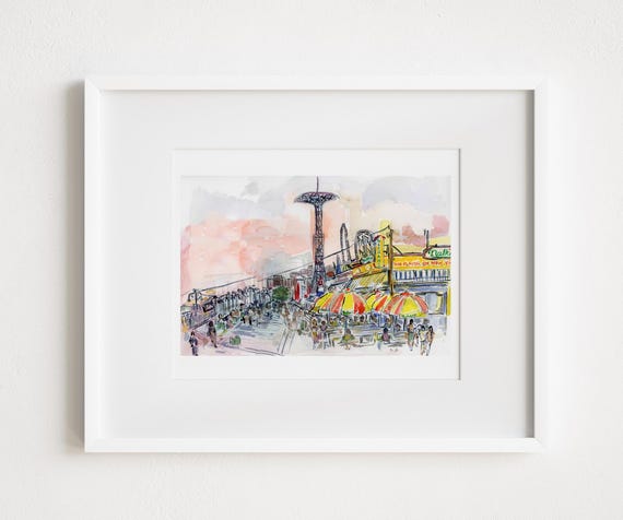 Print and Framed - Coney Island Boardwalk - Watercolor Urban Sketch New York City Painting Brooklyn