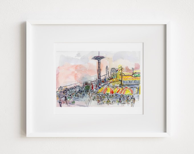 Print and Framed - Coney Island Boardwalk - Watercolor Urban Sketch New York City Painting Brooklyn