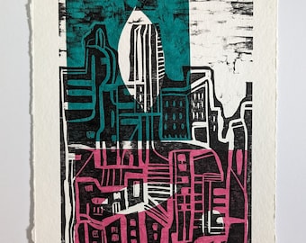 Original Woodblock Chine Colle Print  - The City in Shapes 1/6 - Printmaking on Paper - Abstract Illustrative City in Shapes