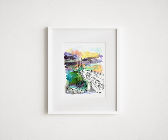 Jamaica Pond Boston Watercolor Painting - Print and Framed - Jamaica Plain New England Urban Watercolor Sketch