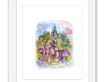 New York City Looking Uptown View - Print and Framed - Watercolor Illustration of New York City Manhattan Midtown Skyline