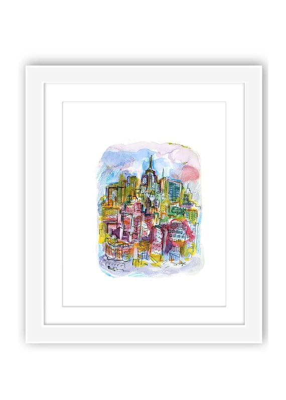 New York City Looking Uptown View - Print and Framed - Watercolor Illustration of New York City Manhattan Midtown Skyline
