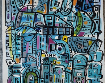 Original Abstract Cityscape Painting: Ink & Watercolor Mixed Media (30x22 inch)