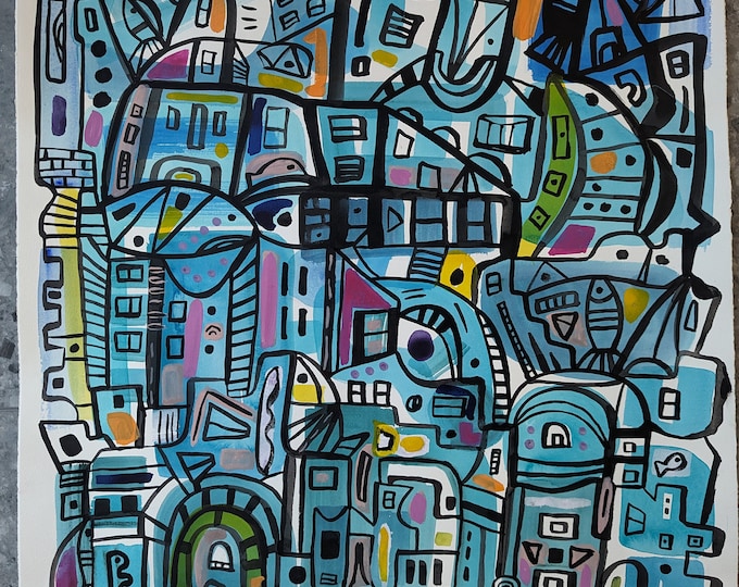 Original Abstract Cityscape Painting: Ink & Watercolor Mixed Media (30x22 inch)